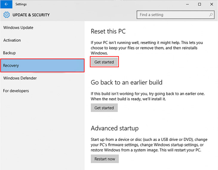 Cách Reset Windows 10 không cần Boot USB hay CD + Bước 2