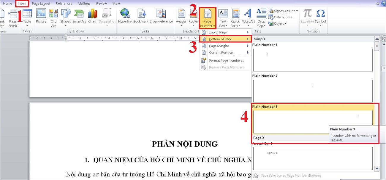 Cách đánh số trang trong Word 2010, 2013, 2016 đơn giản nhất > Tiếp tục chọn Insert -> Page Number -> chọn vị trí cần đánh dấu trang.