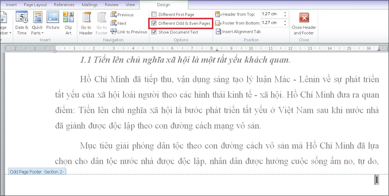 Để đánh số trang tùy biến chẵn và lẻ, bạn chỉ cần nhấp vào mục Different Odd & Even Pages.