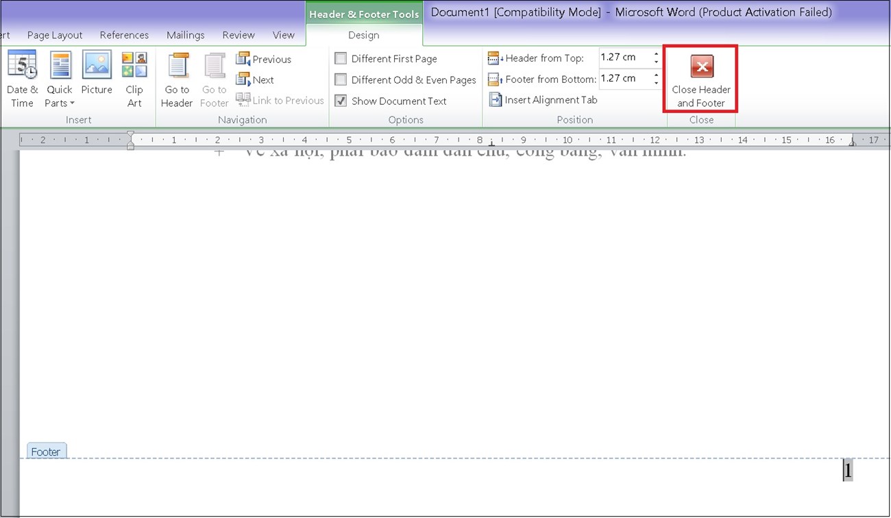 Cách đánh số trang trong Word 2010, 2013, 2016 đơn giản nhất > Bạn chọn Close Header and Footer để thoát ra khỏi chức năng đánh dấu trang.