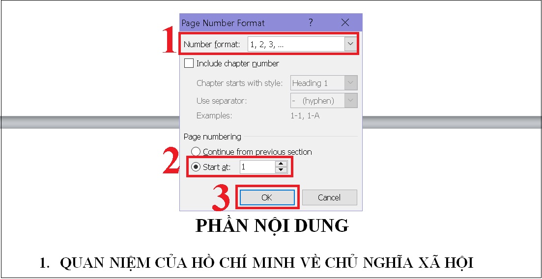 Cách đánh số trang trong Word 2010, 2013, 2016 đơn giản nhất > Màn hình sẽ xuất hiện với hộp Format page numbers. 