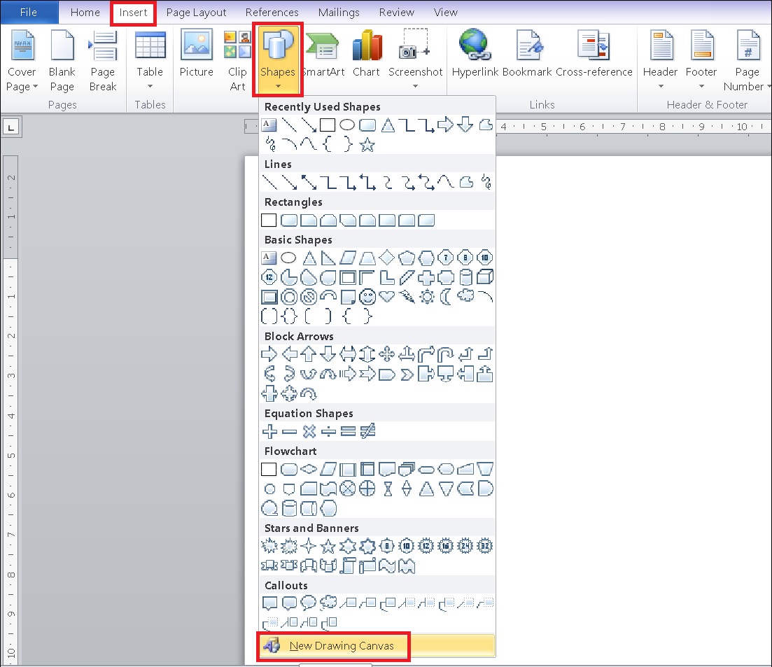 Bước 1: Vào word, rồi chọn Insert - Shapes, chọn New Drawing Canvas.