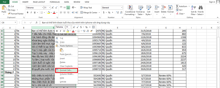 Click chuột phải vào ô cần thực hiện và trong cửa sổ nhỏ bên cạnh bạn chọn Format Cells.