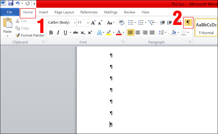 Di chuyển con chuột đến cuối trang, tại thanh công cụ Home, nhấn biểu tượng Paragraph.