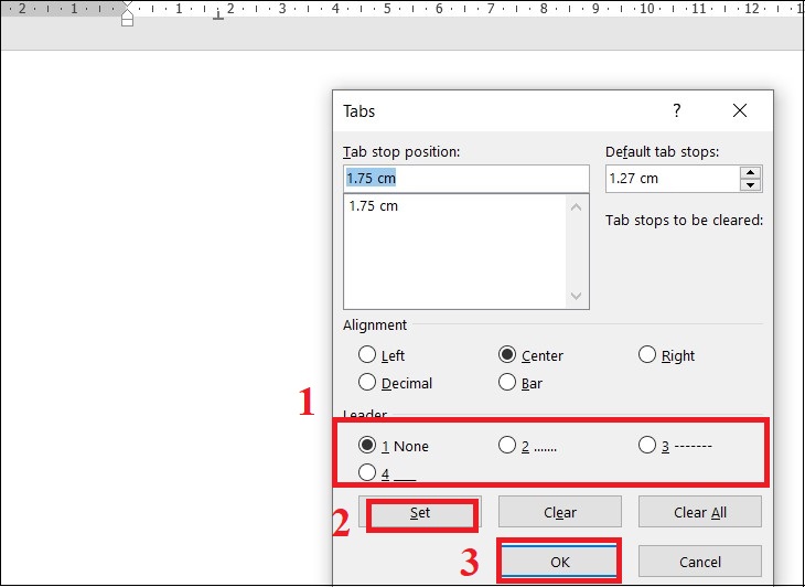 Cách đặt tab trong word 2007, 2010, 2013, 2016, 2019 giúp soạn thảo văn bản chuyên nghiệp hơn > Tiến hành cài đặt các kí tự xuất hiện trong Leader