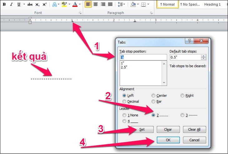 Cách đặt tab trong word 2007, 2010, 2013, 2016, 2019 giúp soạn thảo văn bản chuyên nghiệp hơn > Nhấp chuột 2 lần vào vị trí Tab trái tại 1’