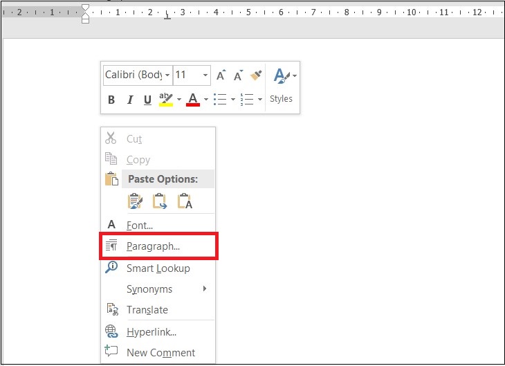 Nhấp chuột phải trong Word > Chọn Paragraph.