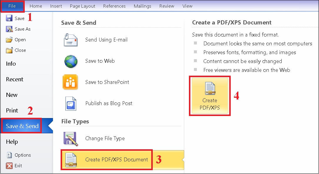 nhấn vào mục Save & Send > Chọn Create PDF/XPS Document > Chọn Create PDF/XPS.