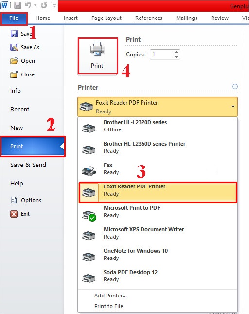 Chọn Print ở tab File  Chọn Foxit Reader PDF Print  Chọn Print.