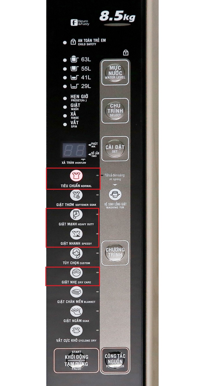 Sử dụng chương trình giặt TIÊU CHUẨN, MẠNH, NHANH và NHẸ Hướng dẫn sử dụng máy giặt Aqua AQW-U850BT N > Sử dụng chương trình giặt TIÊU CHUẨN, MẠNH, NHANH và NHẸ