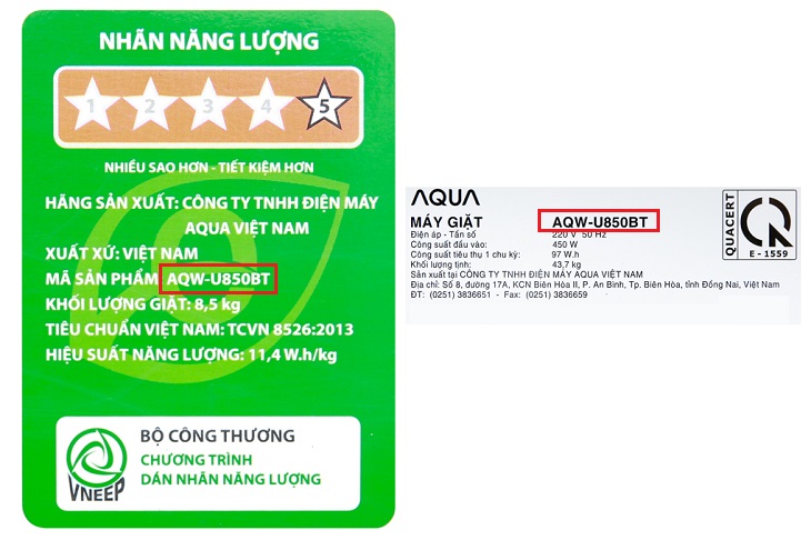 Xác định tên của máy giặt Hướng dẫn sử dụng máy giặt Aqua AQW-U850BT N > Xác định tên của máy giặt