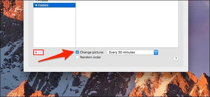 Nhấn vào dấu + bên dưới để tự động thay đổi hình nền trên MacOS theo thời gian.