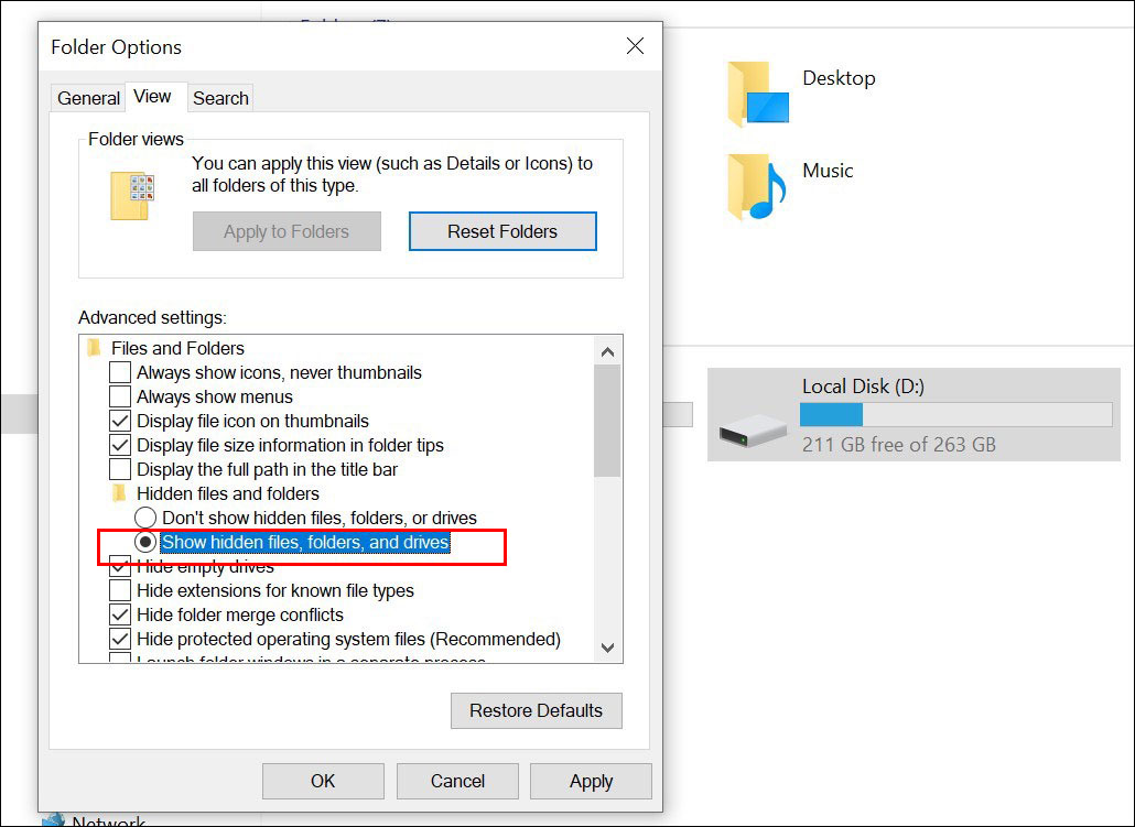 Chọn Change folder and search options  Chọn vào ô “Show hidden files and folders”