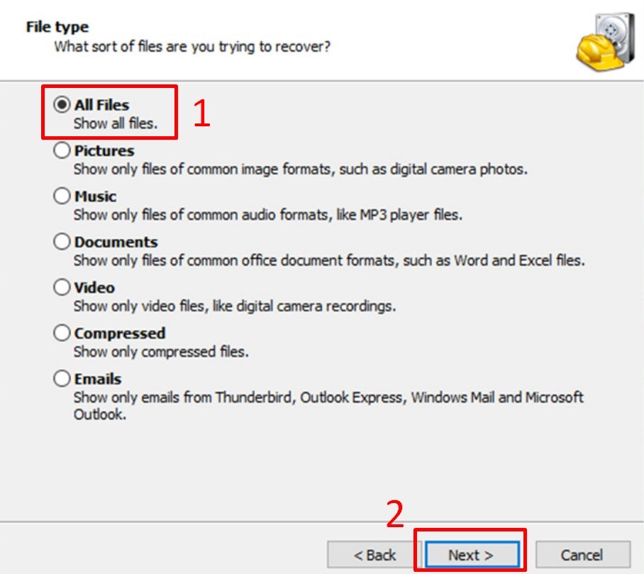 Chọn tại đây bạn chọn loại file cần phục hồi hoặc chọn All Files > Chọn Next.