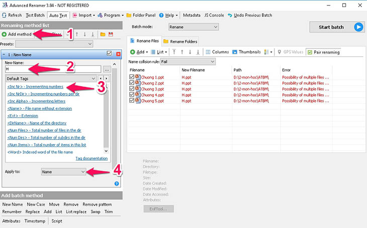 Phần mềm Advanced Renamer - Bước 2