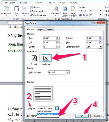 Cách xoay ngang một trang giấy trong word 2007, 2010, 2013, 2016, 2019 > Bước 3