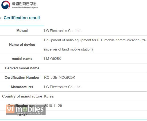 LG Q9 được cơ quan NRRA của Hàn Quốc chứng nhận