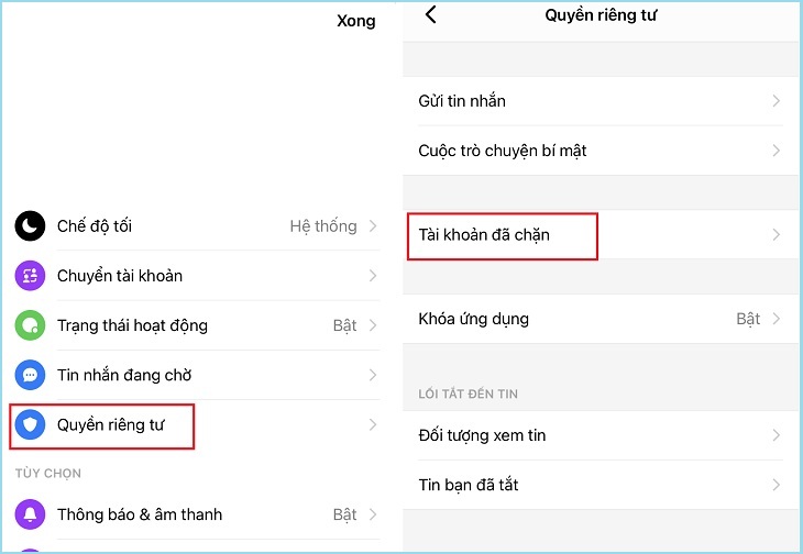 Hướng dẫn cách chặn và bỏ chặn Messenger trên điện thoại và máy tính > Nhấn Quyền riêng tư > Tài khoản đã chặn