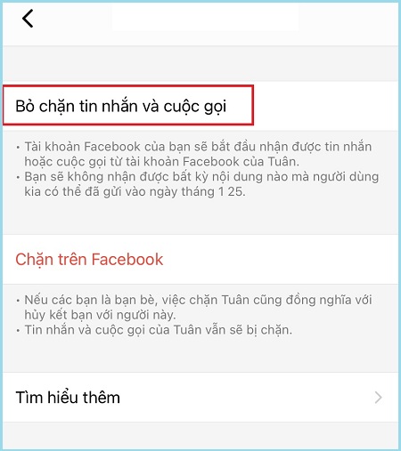 Nhấn Bỏ chặn tin nhắn và cuộc gọi