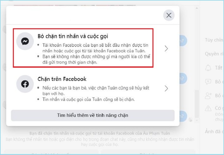 Hướng dẫn cách chặn và bỏ chặn Messenger trên điện thoại và máy tính > Xác nhận Bỏ chặn tin nhắn và cuộc gọi