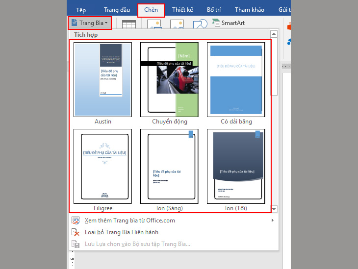 Sử dụng các mẫu bìa có sẵn của Word + Bước 
