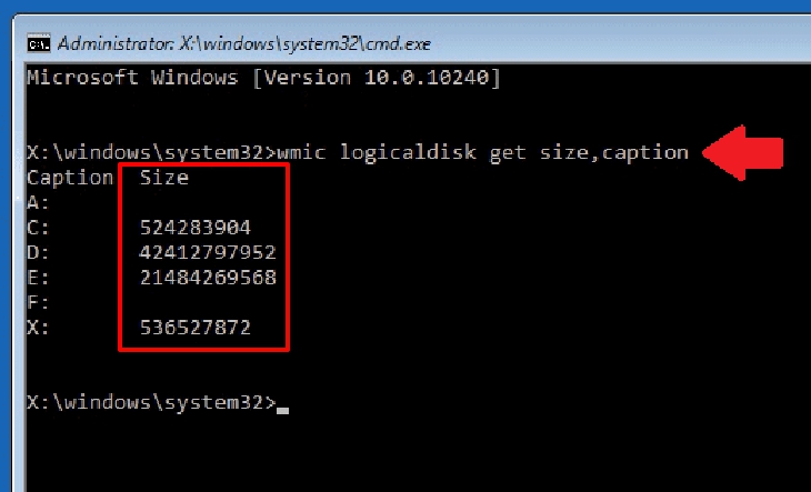 wmic logicaldisk get size,caption