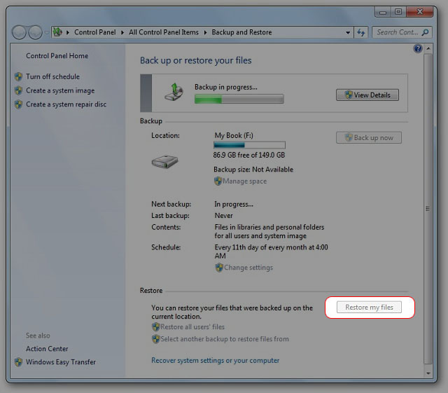 Restore my files Windows 7