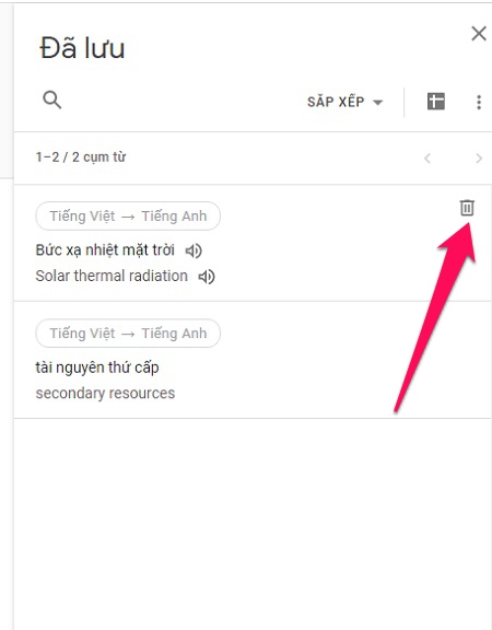 Chị Google 2019 được tân trang, cách dùng tính năng thú vị của Google Dịch phiên bản mới > xóa văn bản trong nút đã lưu