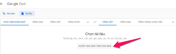 Chị Google 2019 được tân trang, cách dùng tính năng thú vị của Google Dịch phiên bản mới > chọn nút “Duyệt qua máy tính của bạn” để tiến hành tải tệp tin 