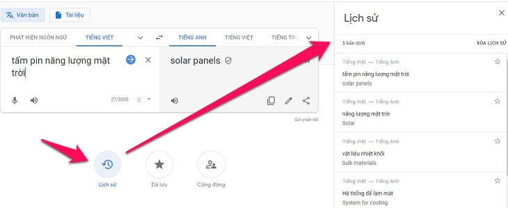 Chị Google 2019 được tân trang, cách dùng tính năng thú vị của Google Dịch phiên bản mới > Tính năng của nút Lịch sử trong google dịch
