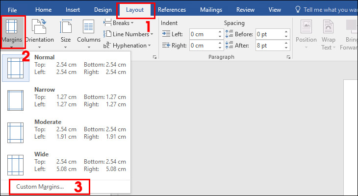 nhấn vào Custom Margins phía dưới cùng