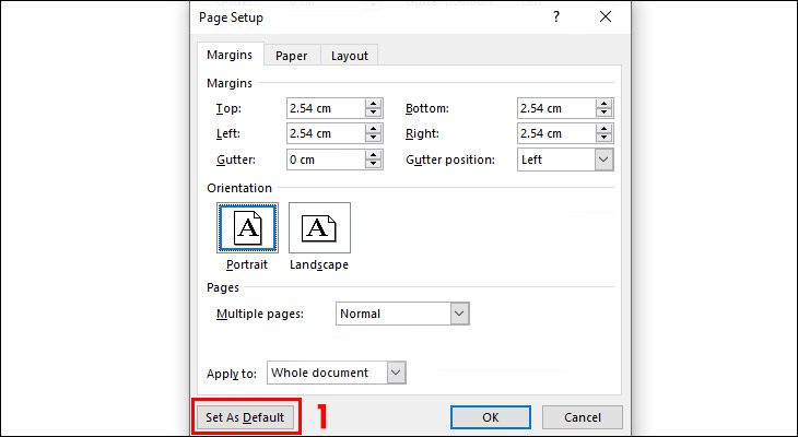 Bạn có thể nhấn chọn Save As Default để thiết lập lề mặc định trong Word