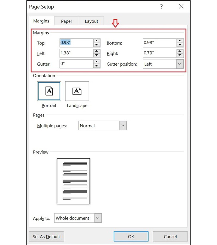 Sau khi hộp thoại hiển thị, ở tab Margins, bạn sẽ có những tùy chọn căn lề