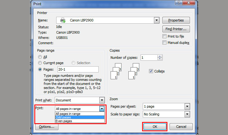 Bạn chọn in tài liệu theo các trang lẻ ở mục Odd Pages trước