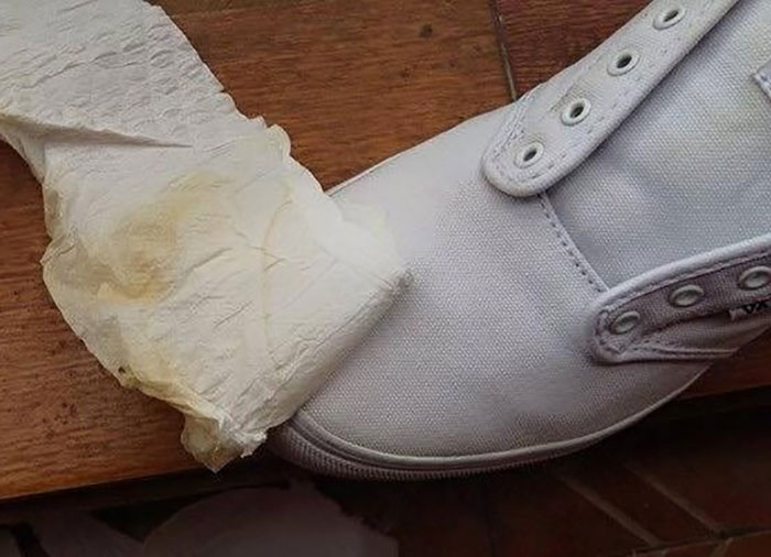 Xong rồi bạn đem giầy đi phơi dưới nắng hoặc nơi thoáng mát. Khi khô hãy gỡ khăn giấy ra, đảm bảo giầy của bạn dù xài bao lâu cũng không bị ố vàng với cách giặt giầy trắng này.