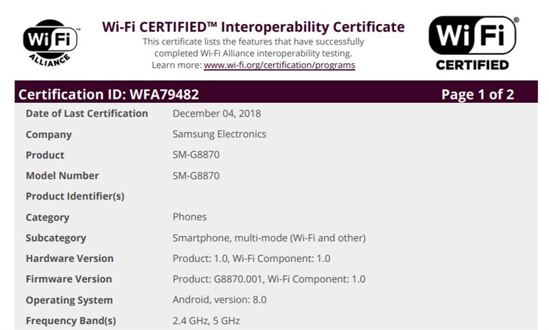 Samsung Galaxy A8s đạt chứng nhận Wifi, nhưng chỉ dùng Android 8.0 Samsung Galaxy A8s đạt chứng nhận Wifi, nhưng chỉ dùng Android 8.0