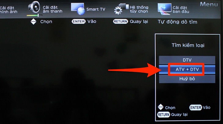 Menu thiết lập dò kênh trên tivi Sharp Menu thiết lập dò kênh trên tivi Sharp