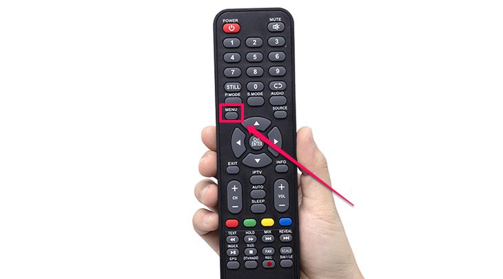 Cách dò kênh DVB-T2 trên Smart tivi Mobell > Nhấn nút Menu