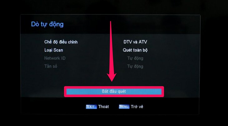 Cách dò kênh DVB-T2 trên Smart tivi Mobell > Chọn Bắt đầu quét