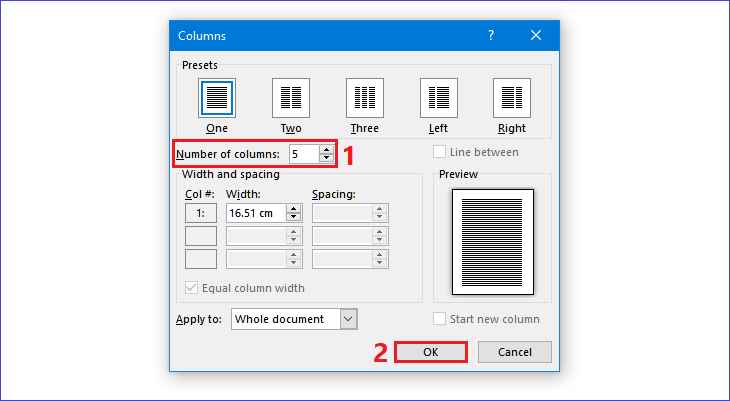 Tại dòng Number of Columns, bạn điền số cột muốn chia > Chọn OK