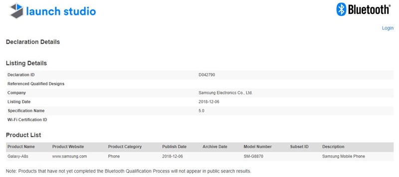Galaxy A8s đạt chứng nhận Bluetooth trước ngày ra mắt Galaxy A8s đạt chứng nhận Bluetooth trước ngày ra mắt