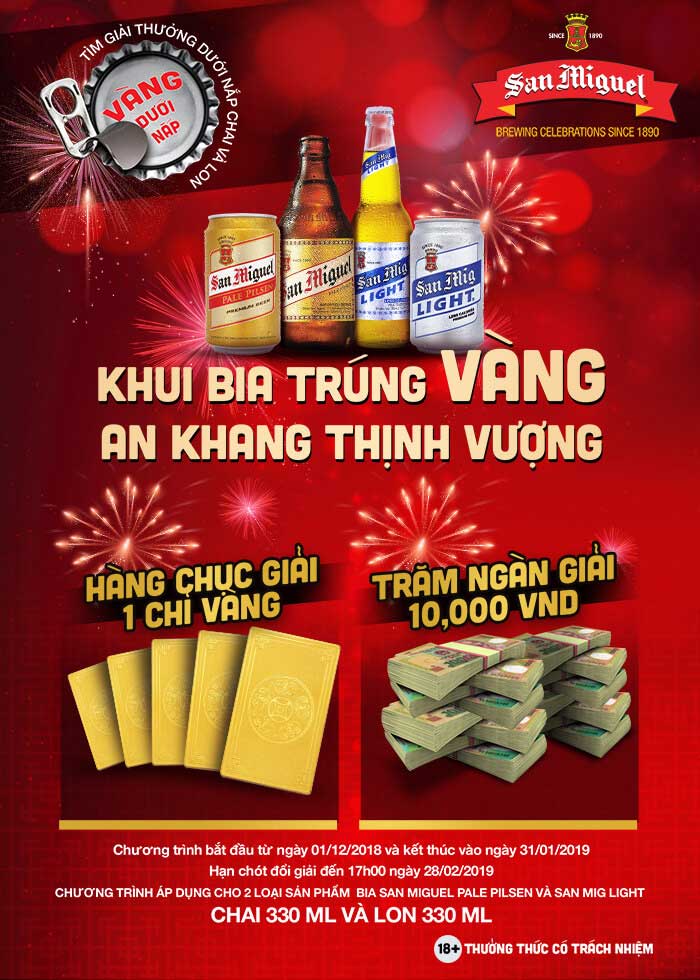 Bật nắp San Miguel trúng 1 chỉ vàng