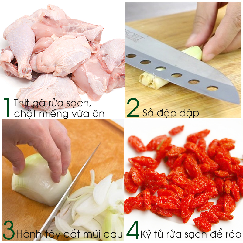 Rửa sạch gà và chặt thành miếng vừa ăn, không nên chọn gà quá già vì thịt sẽ dai (bạn cũng có thể nguyên con, cách này sẽ giúp thịt gà ngọt hơn khi nấu). Hành tây lột vỏ, rửa sạch rồi cắt múi cau và để ráo, sả đập dập, kỷ tử thì rửa sạch để ráo. Rửa sạch gà và chặt thành miếng vừa ăn, không nên chọn gà quá già vì thịt sẽ dai (bạn cũng có thể nguyên con, cách này sẽ giúp thịt gà ngọt hơn khi nấu). Hành tây lột vỏ, rửa sạch rồi cắt múi cau và để ráo, sả đập dập, kỷ tử thì rửa sạch để ráo.