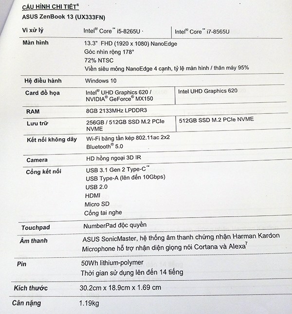 cấu hình Asus Zenbook 13 inch UX333FN