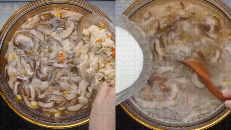 Cho thịt cua, nấm tuyết vào nấu