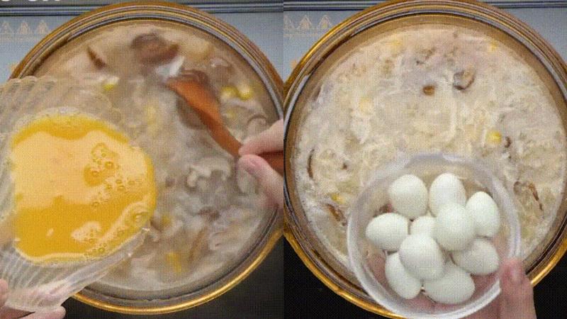 Cho trứng gà và trứng cút vào