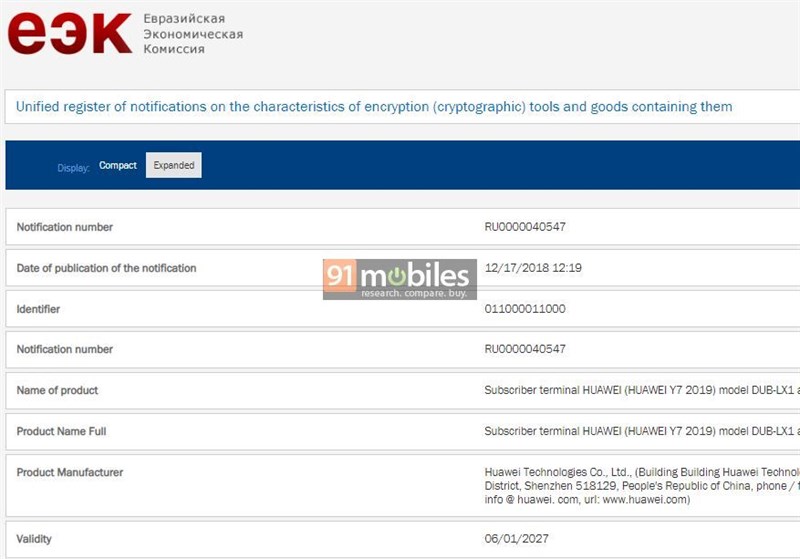 Huawei Y7 (2019) được EEC chứng nhận