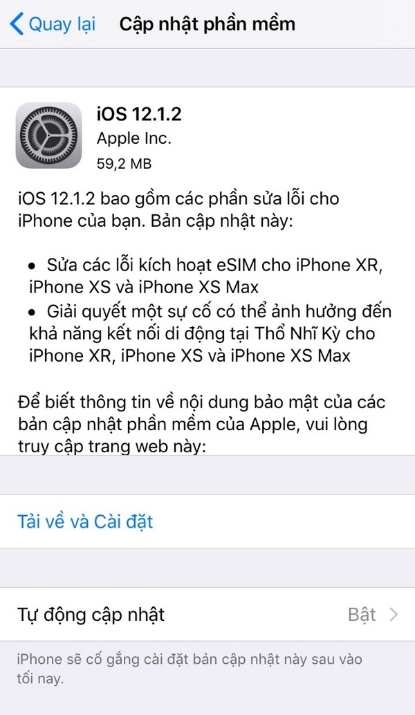 Apple phát hành iOS 12.1.2 cho iPhone với bản sửa lỗi eSIM