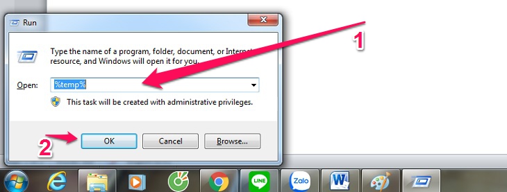 Màn hình Run xuất hiện, gõ %temp%, rồi bấm OK