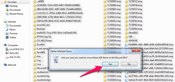 bấm Yes để hoàn tất xóa tập tin tệp